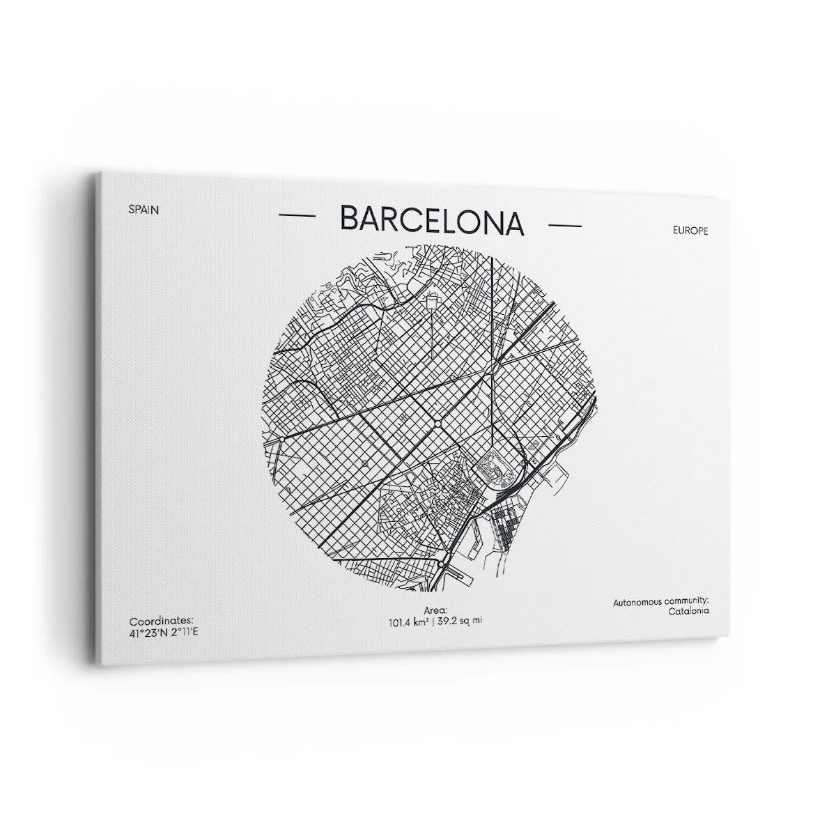 Cuadro sobre lienzo - Impresión de Imagen - Un mapa de Barcelona en estilo minimalista en blanco y negro - 100x70cm - Anatomía de Barcelona - Decoración de pared moderna para salón y dormitorio ARTTOR