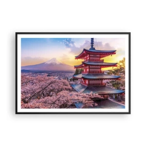 Póster en marco negro - Una pagoda en Japón con flores de cerezo y el monte Fuji. - 100x70cm - La esencia del espíritu japonés - Decoración de pared moderna para salón y dormitorio ARTTOR