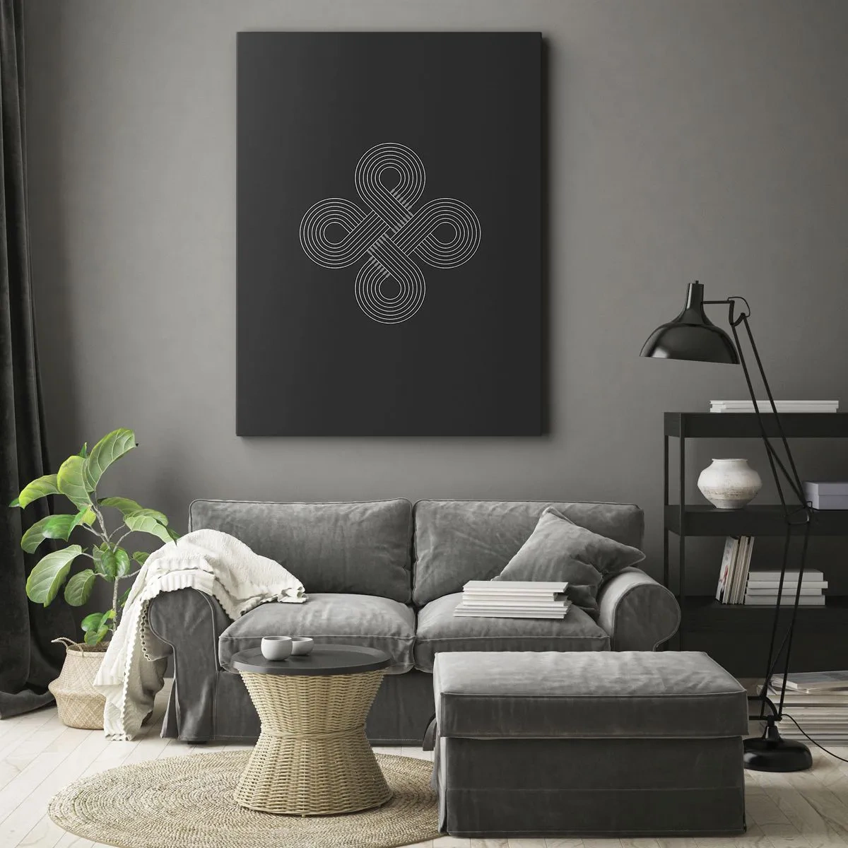 Cuadro sobre lienzo - Impresión de Imagen - Patrón celta en estilo minimalista sobre fondo negro. - 70x100cm - El espíritu celta - Decoración de pared moderna para salón y dormitorio ARTTOR