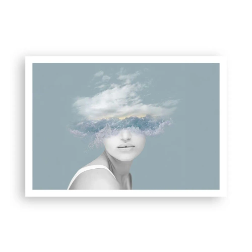Póster - Retrato de una mujer con el rostro oculto tras nubes y olas. - 100x70cm - Con la cabeza en las nubes - Decoración de pared moderna para salón y dormitorio ARTTOR