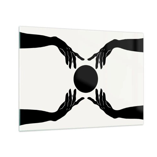 Cuadro sobre vidrio - Impresiones sobre Vidrio - Manos negras alrededor de un círculo negro sobre un fondo claro - 70x50cm - Una señal secreta - Decoración de pared moderna para salón y dormitorio ARTTOR