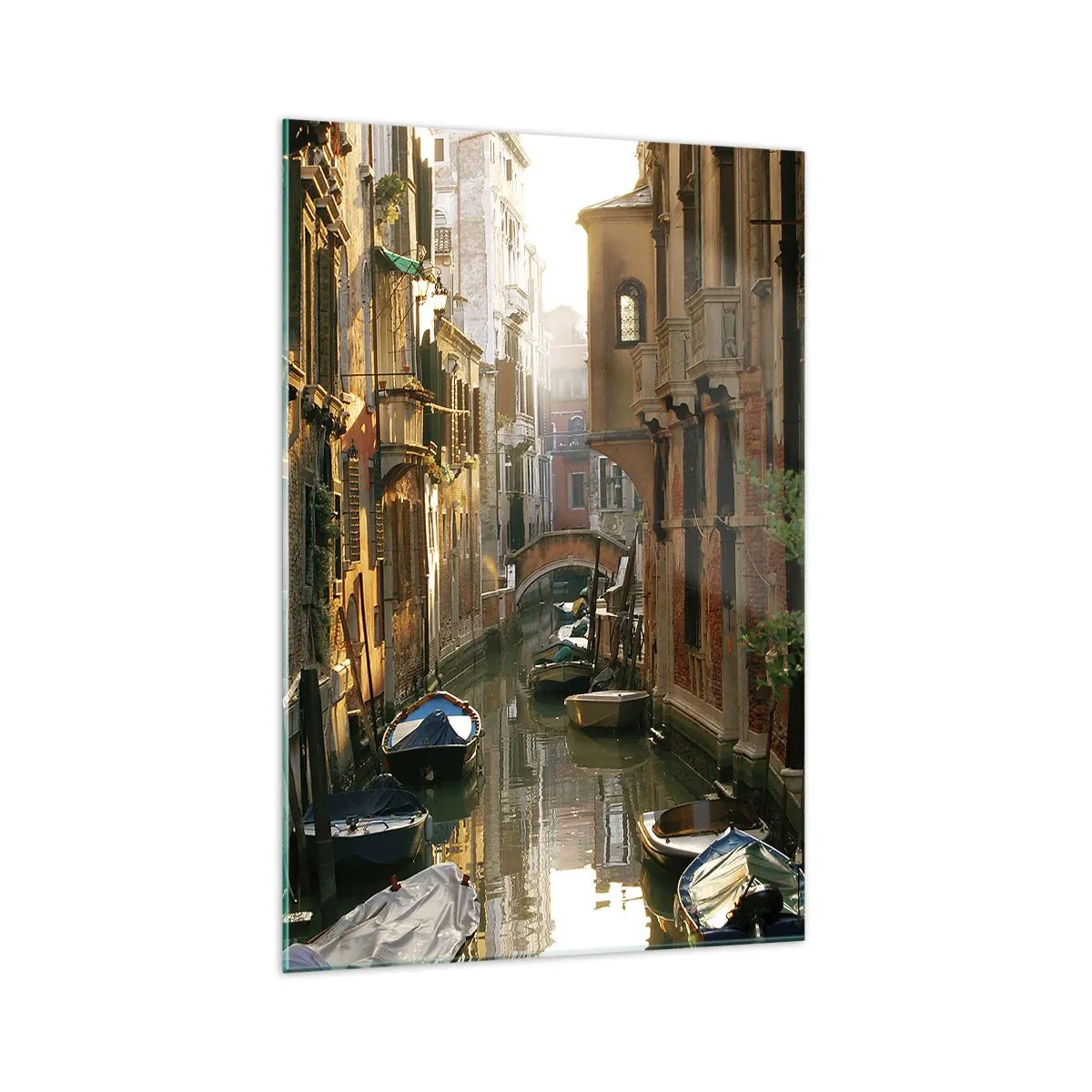 Cuadro sobre vidrio - Impresiones sobre Vidrio - Un pintoresco canal en Venecia con barcos y un puente. - 70x100cm - En un callejón veneciano - Decoración de pared moderna para salón y dormitorio ARTTOR