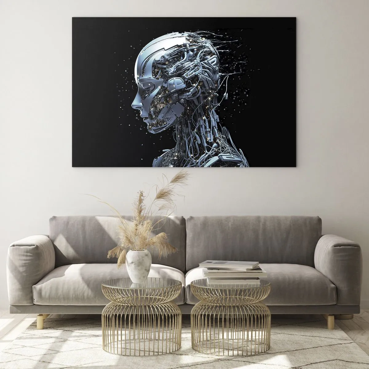 Cuadro sobre vidrio - Impresiones sobre Vidrio - Perfil de un robot femenino con cables y mecanismos. - 120x80cm - La tecnología es una mujer - Decoración de pared moderna para salón y dormitorio ARTTOR