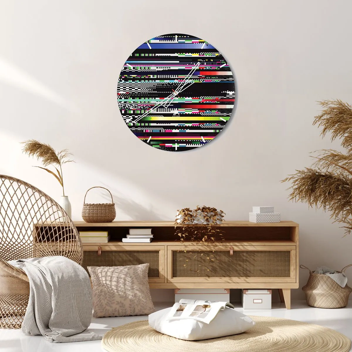 Reloj de pared - Reloj de vidrio - Cuadro abstracto con rayas multicolores sobre fondo negro. - 30x30cm - Una imagen de otra realidad - Decoración de pared moderna para salón, cocina y dormitorio ARTTOR