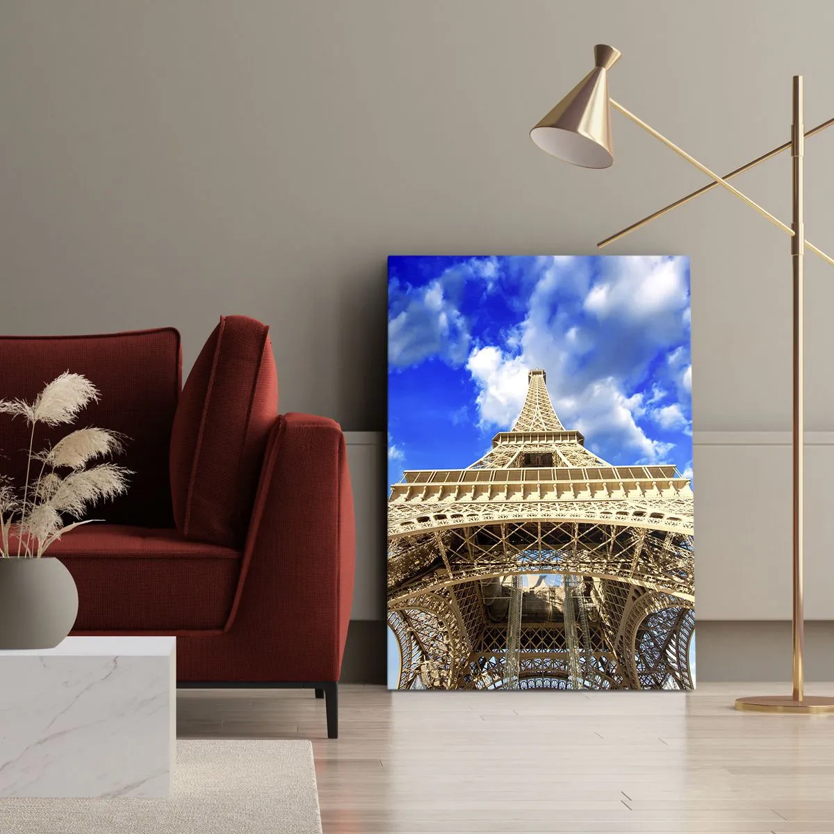 Cuadro sobre lienzo - Impresión de Imagen - La Torre Eiffel desde abajo contra un cielo azul - 50x70cm - Alcanzando el cielo y las nubes - Decoración de pared moderna para salón y dormitorio ARTTOR