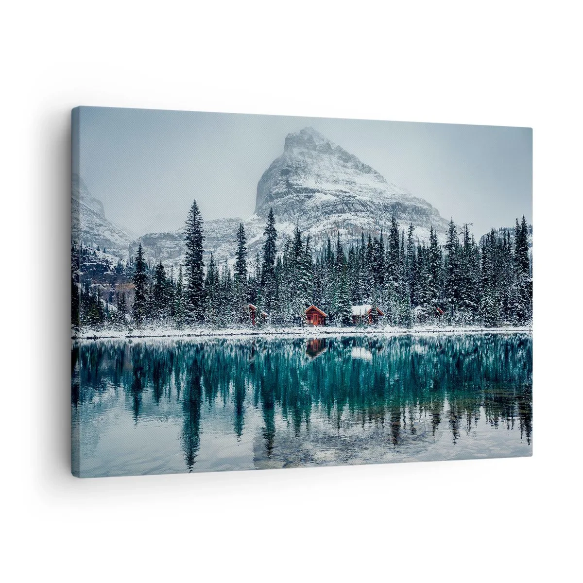 Cuadro sobre lienzo - Impresión de Imagen - Paisaje invernal con cabañas en el bosque junto a un lago congelado - 70x50cm - Retiro canadiense - Decoración de pared moderna para salón y dormitorio ARTTOR