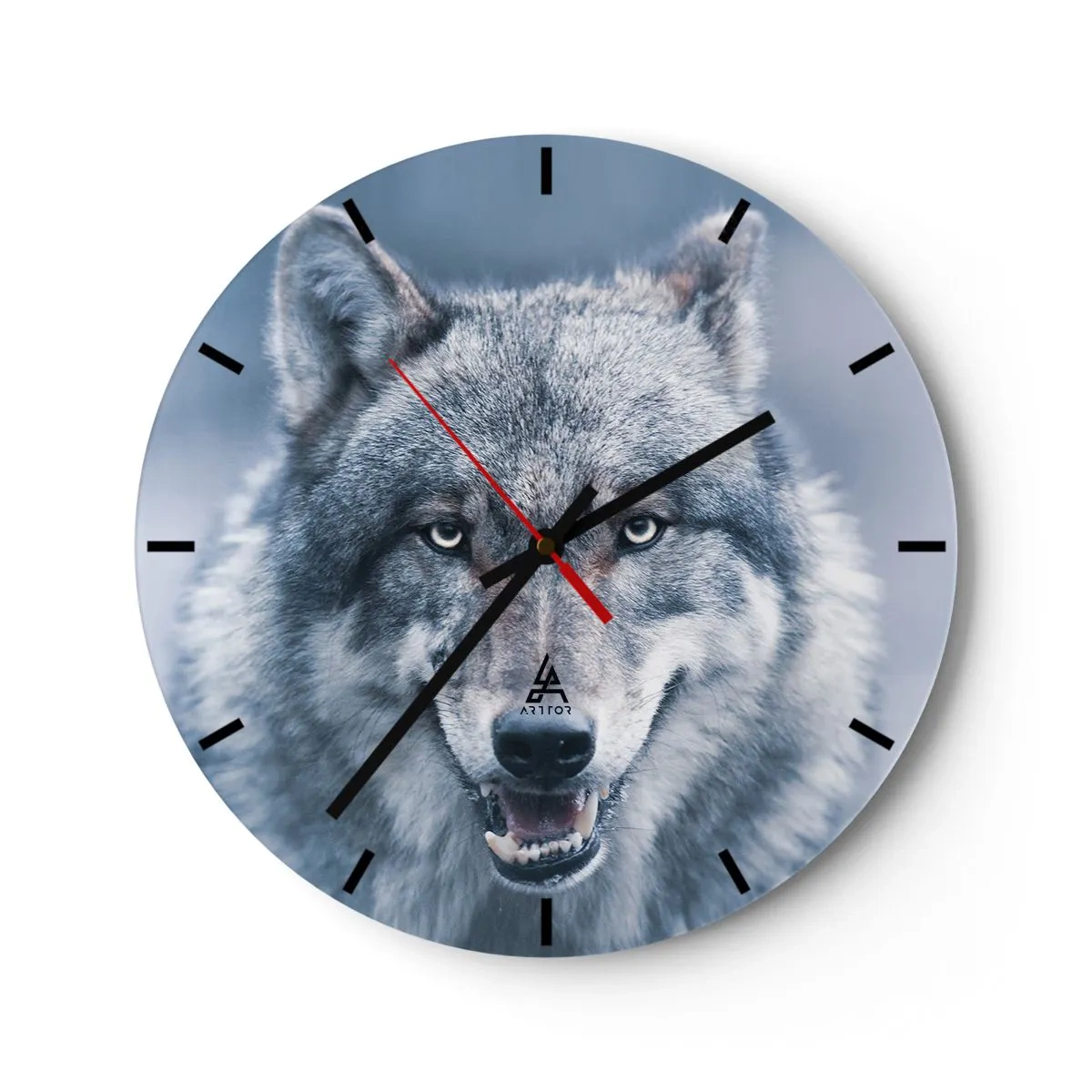 Reloj de pared - Reloj de vidrio - Un lobo con los colmillos al descubierto sobre un fondo azul frío. - 30x30cm - ¿Aceptarás el reto? - Decoración de pared moderna para salón, cocina y dormitorio ARTTOR