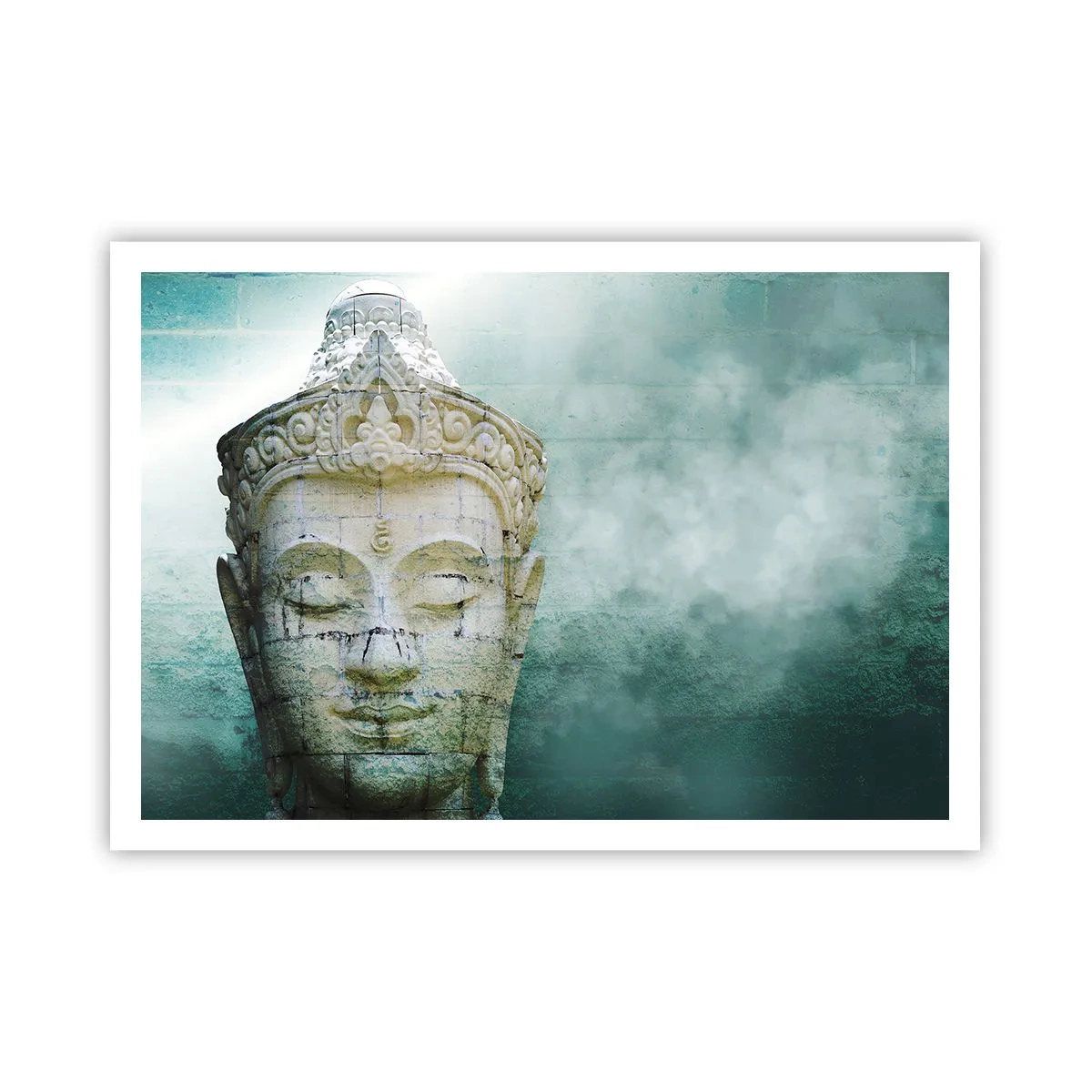 Póster - Estatua de Buda con una suave niebla sobre un fondo verde. - 100x70cm - Buscando la luz - Decoración de pared moderna para salón y dormitorio ARTTOR