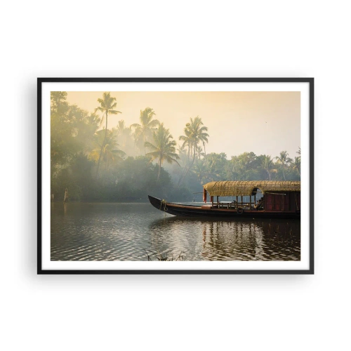 Póster en marco negro - Un barco tradicional en un río tranquilo entre palmeras. - 100x70cm - Casa en el río - Decoración de pared moderna para salón y dormitorio ARTTOR