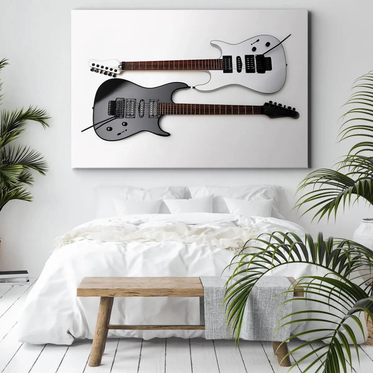 Cuadro sobre lienzo - Impresión de Imagen - Dos guitarras eléctricas en blanco y negro sobre fondo claro. - 100x70cm - Armonía de formas - Decoración de pared moderna para salón y dormitorio ARTTOR