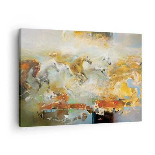 Cuadro sobre lienzo - Impresión de Imagen - Caballos artísticos en un entorno dinámico y colorido. - 70x50cm - Galopando a través de la luz - Decoración de pared moderna para salón y dormitorio ARTTOR