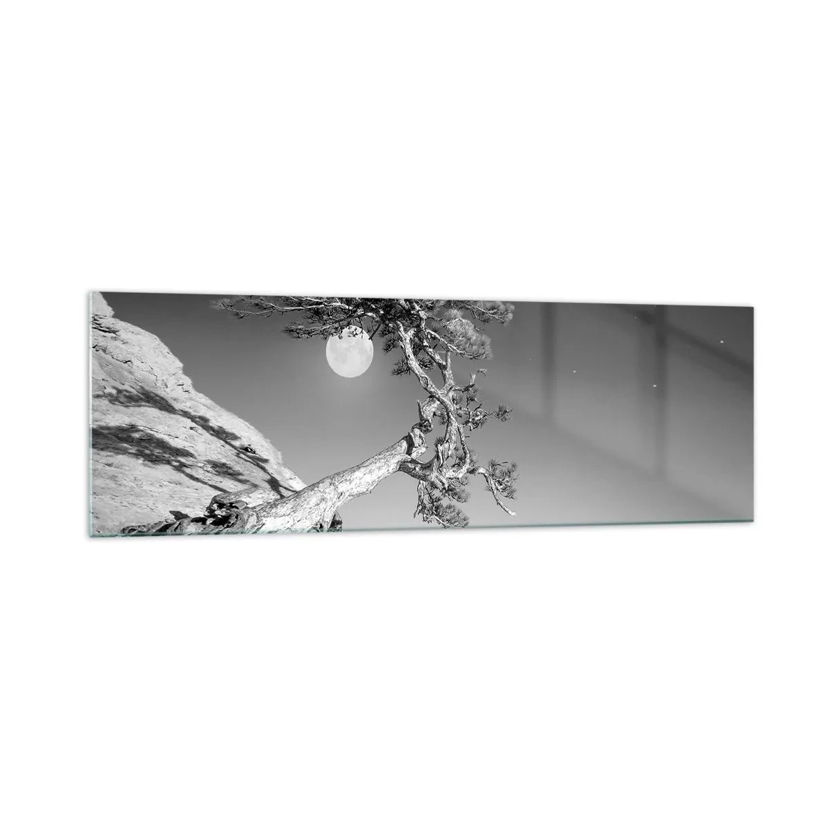 Cuadro sobre vidrio - Impresiones sobre Vidrio - Árbol en blanco y negro en un acantilado con la luna al fondo - 160x50cm - Un guerrero victorioso - Decoración de pared moderna para salón y dormitorio ARTTOR
