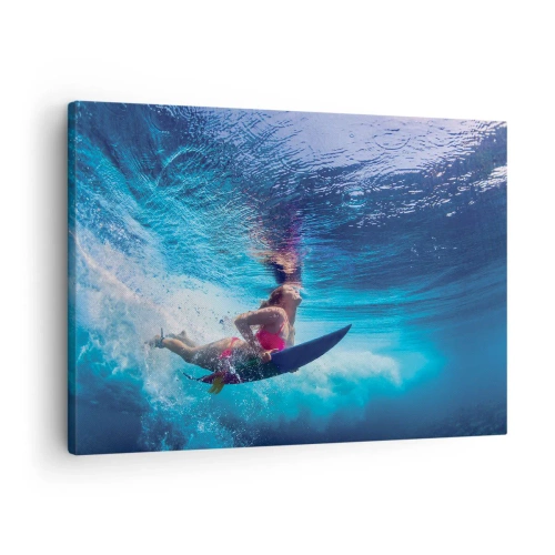 Cuadro sobre lienzo - Impresión de Imagen - Un surfista bajo el agua en una composición dinámica en tonos azules. - 70x50cm - La profundidad de la alegría - Decoración de pared moderna para salón y dormitorio ARTTOR