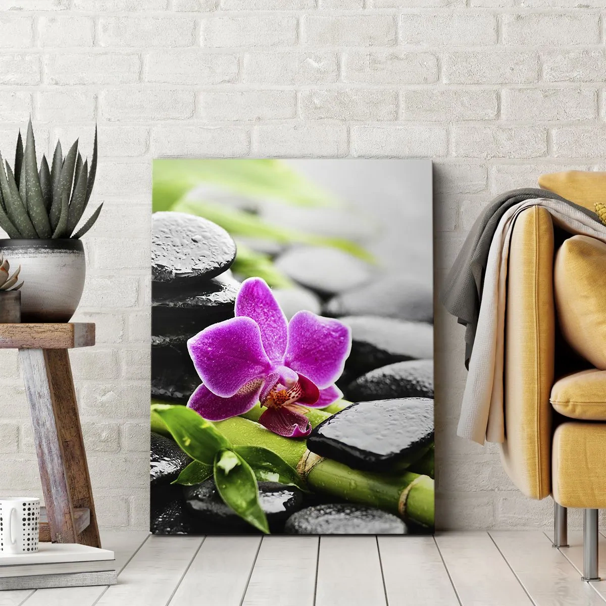 Cuadro sobre lienzo - Impresión de Imagen - Orquídea morada, piedras negras y bambú en una composición tranquila. - 50x70cm - En equilibrio pacífico - Decoración de pared moderna para salón y dormitorio ARTTOR