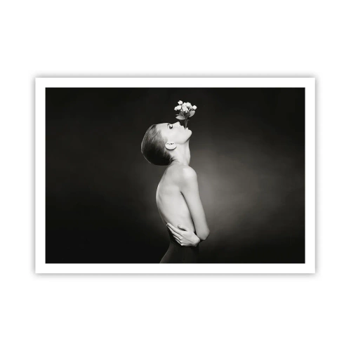 Póster - Silueta en blanco y negro de una mujer con una flor. - 100x70cm - Elegancia excéntrica - Decoración de pared moderna para salón y dormitorio ARTTOR