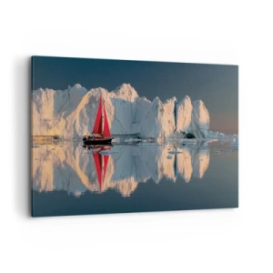 Cuadro sobre lienzo - Impresión de Imagen - Un velero con una vela roja con el fondo de un glaciar. - 120x80cm - En el límite del mundo - Decoración de pared moderna para salón y dormitorio ARTTOR