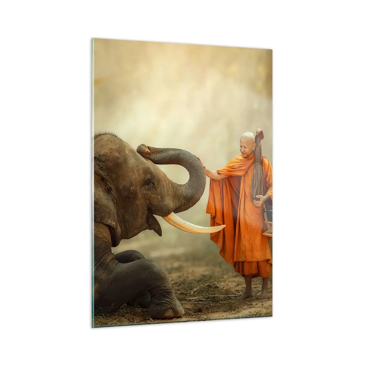 Cuadro sobre vidrio - Impresiones sobre Vidrio - Un monje con túnicas naranjas con un elefante en un entorno natural. - 50x70cm - Un encuentro en un viaje - Decoración de pared moderna para salón y dormitorio ARTTOR