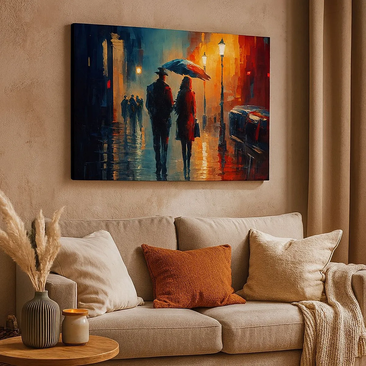 Cuadro sobre lienzo - Impresión de Imagen - Caminando bajo la lluvia bajo un paraguas en la ciudad por la noche. - 70x50cm - Historia de amor urbana - Decoración de pared moderna para salón y dormitorio ARTTOR
