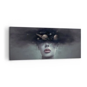 Cuadro sobre lienzo - Impresión de Imagen - Un rostro de mujer con un motivo de planeta y espacio en el fondo. - 120x50cm - Y los planetas sienten... - Decoración de pared moderna para salón y dormitorio ARTTOR