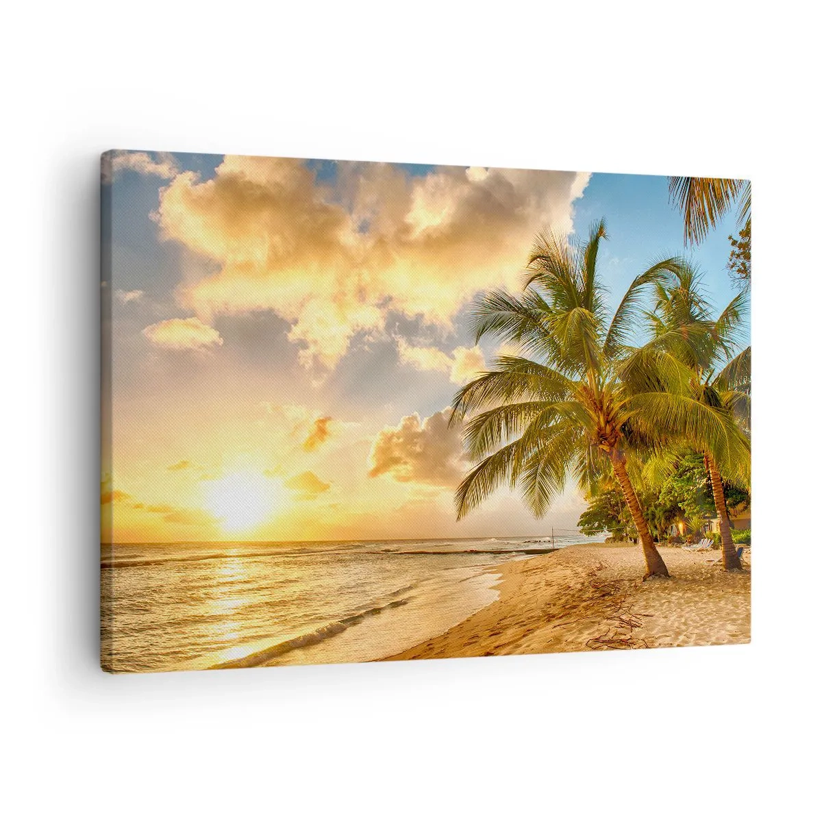 Cuadro sobre lienzo - Impresión de Imagen - Playa con palmeras y puesta de sol sobre el océano. - 70x50cm - El eterno verano, siempre de vacaciones - Decoración de pared moderna para salón y dormitorio ARTTOR