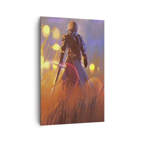 Cuadro sobre lienzo - Impresión de Imagen - La figura de un caballero a la luz del sol poniente en un campo. - 80x120cm - El caballero equivocado - Decoración de pared moderna para salón y dormitorio ARTTOR
