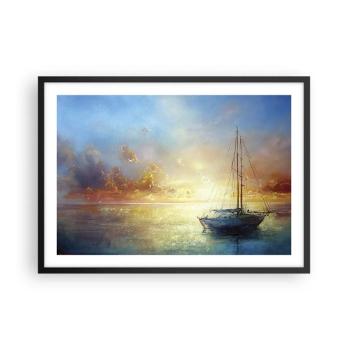 Póster en marco negro - Un yate en un mar tranquilo al atardecer. - 70x50cm - En una bahía dorada - Decoración de pared moderna para salón y dormitorio ARTTOR
