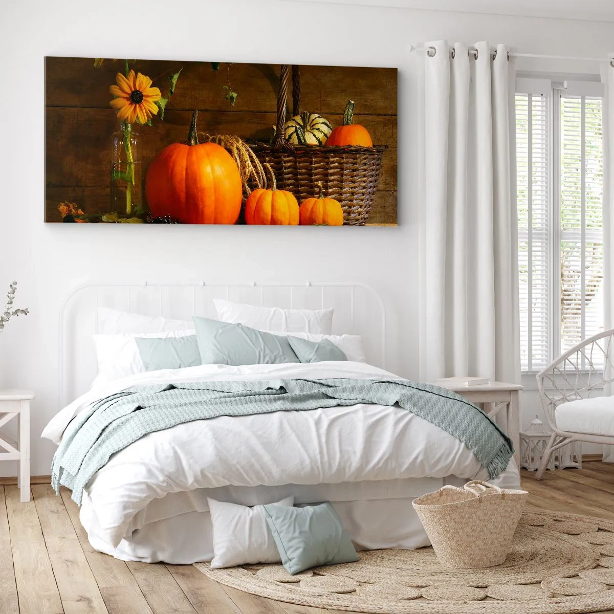 Cuadro sobre lienzo - Impresión de Imagen - Composición otoñal con calabazas y flores sobre un fondo de madera. - 140x50cm - Composición rústica - regalos de otoño - Decoración de pared moderna para salón y dormitorio ARTTOR