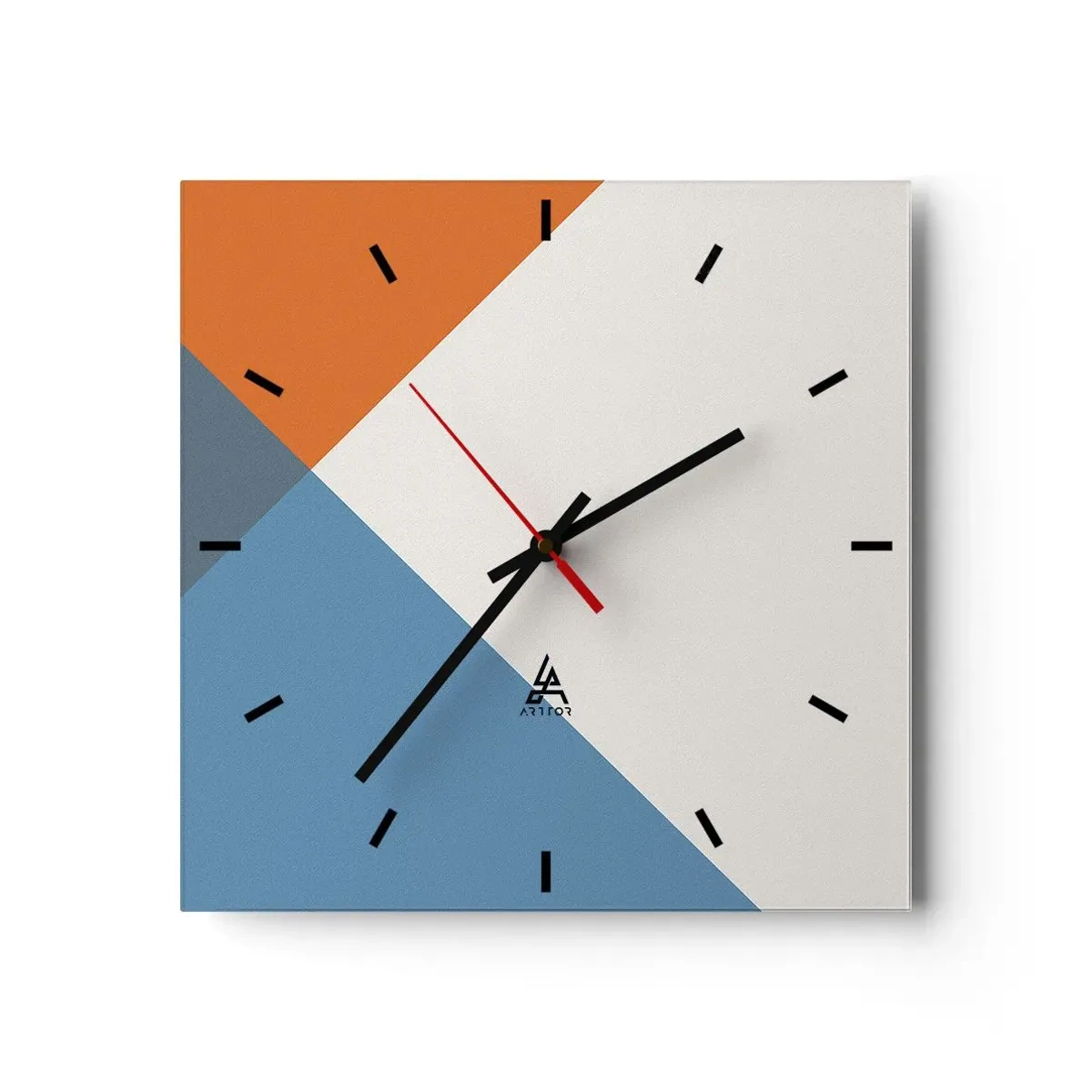 Reloj de pared - Reloj de vidrio - Triángulos geométricos en tonos azules y naranjas. - 30x30cm - Desde el punto de vista de... - Decoración de pared moderna para salón y dormitorio ARTTOR