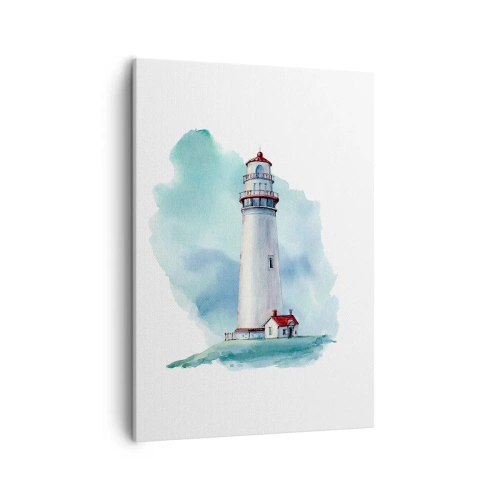 Cuadro sobre lienzo - Impresión de Imagen - Un faro sobre un fondo azul de acuarela. - 50x70cm - Gentil hermana del azul - Decoración de pared moderna para salón y dormitorio ARTTOR