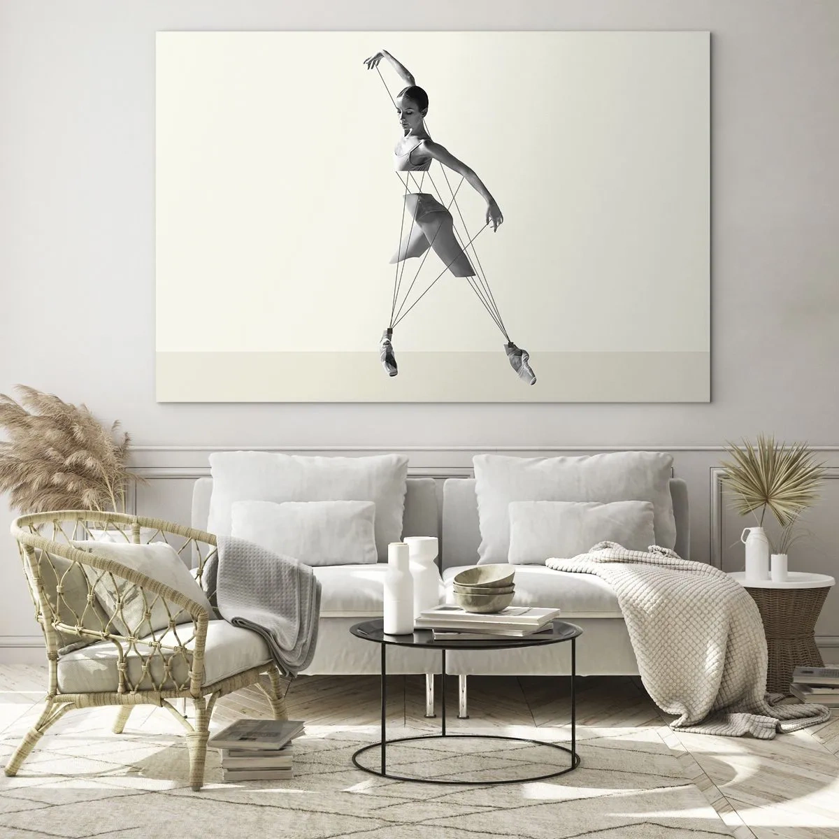 Cuadro sobre vidrio - Impresiones sobre Vidrio - Silueta en blanco y negro de una bailarina con un motivo de línea geométrica. - 100x70cm - Títere de sí misma - Decoración de pared moderna para salón y dormitorio ARTTOR