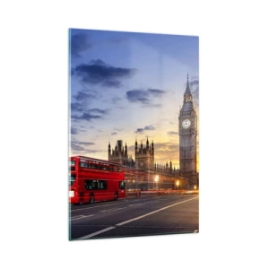 Cuadro sobre vidrio - Impresiones sobre Vidrio - Un autobús rojo con el Big Ben y las Casas del Parlamento al fondo al anochecer. - 80x120cm - Lo más característico - Decoración de pared moderna para salón y dormitorio ARTTOR