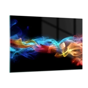 Cuadro sobre vidrio - Impresiones sobre Vidrio - Rayas de humo de colores sobre un fondo negro que crean un patrón abstracto - 120x80cm - Una danza de nieblas de arco iris - Decoración de pared moderna para salón y dormitorio ARTTOR