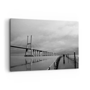 Cuadro sobre lienzo - Impresión de Imagen - Un puente colgante sobre el agua en blanco y negro. - 100x70cm - A cada uno lo suyo - Decoración de pared moderna para salón y dormitorio ARTTOR