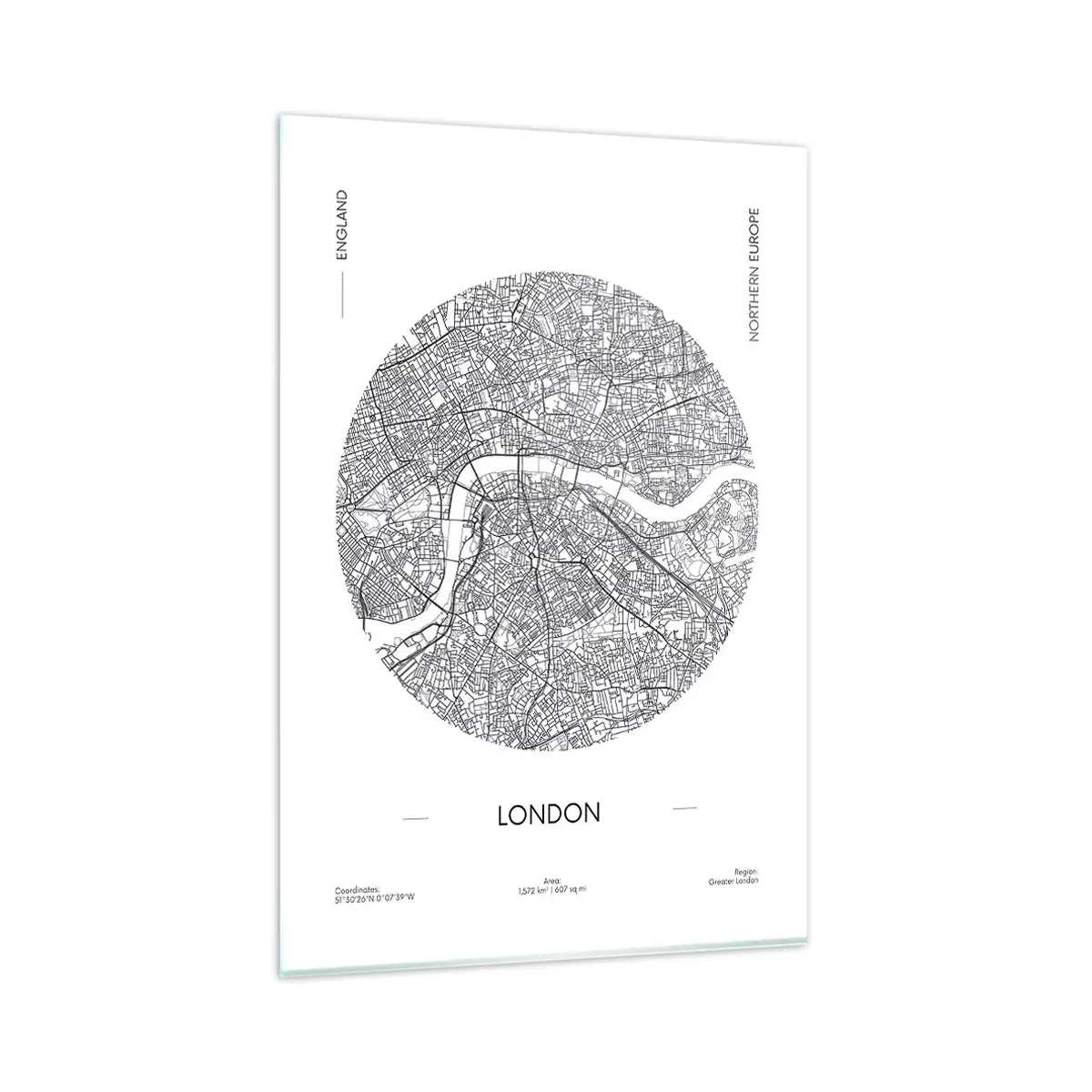 Cuadro sobre vidrio - Impresiones sobre Vidrio - Un mapa minimalista de Londres en blanco y negro con detalles precisos. - 80x120cm - Anatomía de Londres - Decoración de pared moderna para salón y dormitorio ARTTOR