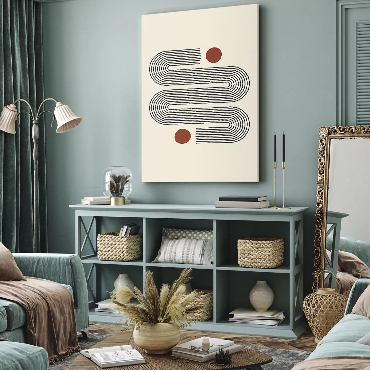 Cuadro sobre lienzo - Impresión de Imagen - Patrón geométrico con líneas y círculos naranjas. - 80x120cm - De principio a fin - Decoración de pared moderna para salón y dormitorio ARTTOR