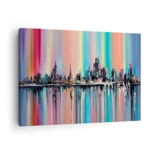 Cuadro sobre lienzo - Impresión de Imagen - Paisaje urbano colorido con reflejo en el agua - 70x50cm - Flota con la luz de la noche - Decoración de pared moderna para salón y dormitorio ARTTOR