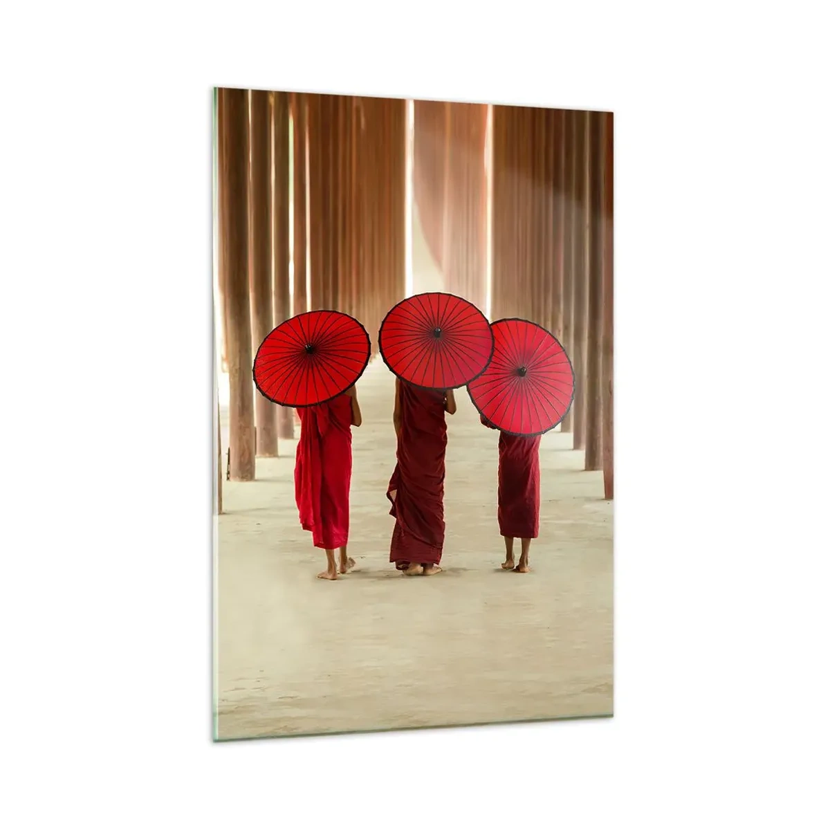 Cuadro sobre vidrio - Impresiones sobre Vidrio - Tres monjes con paraguas rojos en la arquitectura tradicional - 80x120cm - En el camino a la Tierra Pura - Decoración de pared moderna para salón y dormitorio ARTTOR