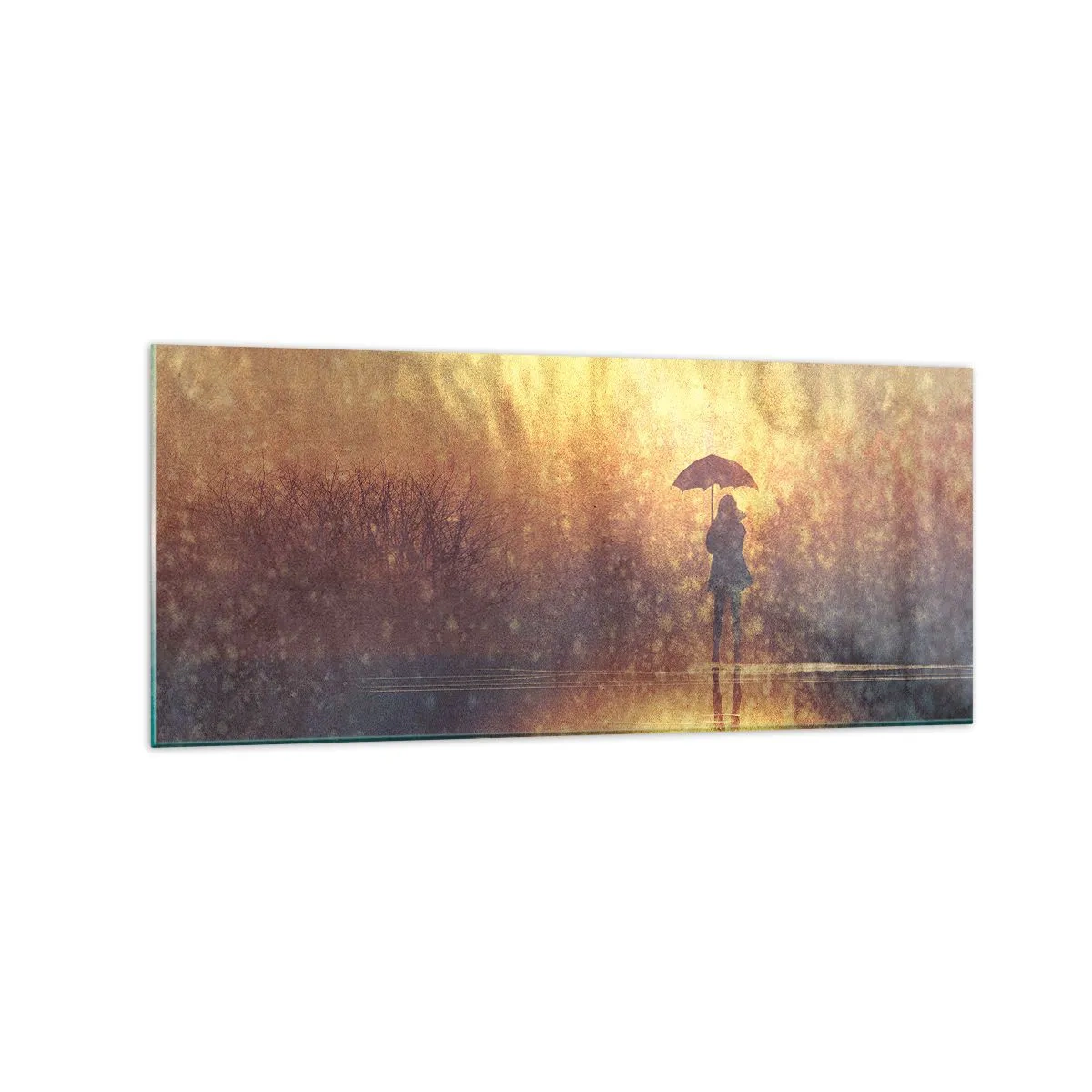Cuadro sobre vidrio - Impresiones sobre Vidrio - Una figura con un paraguas en un paisaje brumoso lleno de reflejos. - 120x50cm - Siento que alguien me mira - Decoración de pared moderna para salón y dormitorio ARTTOR