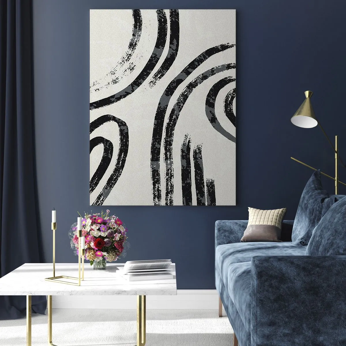 Cuadro sobre vidrio - Impresiones sobre Vidrio - Líneas abstractas en blanco y negro sobre un fondo claro - 80x120cm - A medias - Decoración de pared moderna para salón y dormitorio ARTTOR