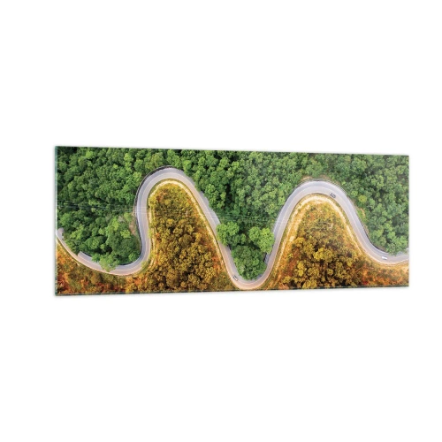 Cuadro sobre vidrio - Impresiones sobre Vidrio - Un camino sinuoso a través del bosque visto a vista de pájaro. - 140x50cm - Frontera serpenteante - Decoración de pared moderna para salón y dormitorio ARTTOR