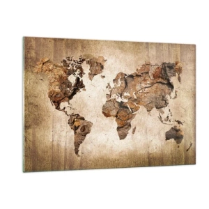Cuadro sobre vidrio - Impresiones sobre Vidrio - Un mapa del mundo en tonos marrones imitando la madera. - 120x80cm - El descubrimiento del mundo - Decoración de pared moderna para salón y dormitorio ARTTOR