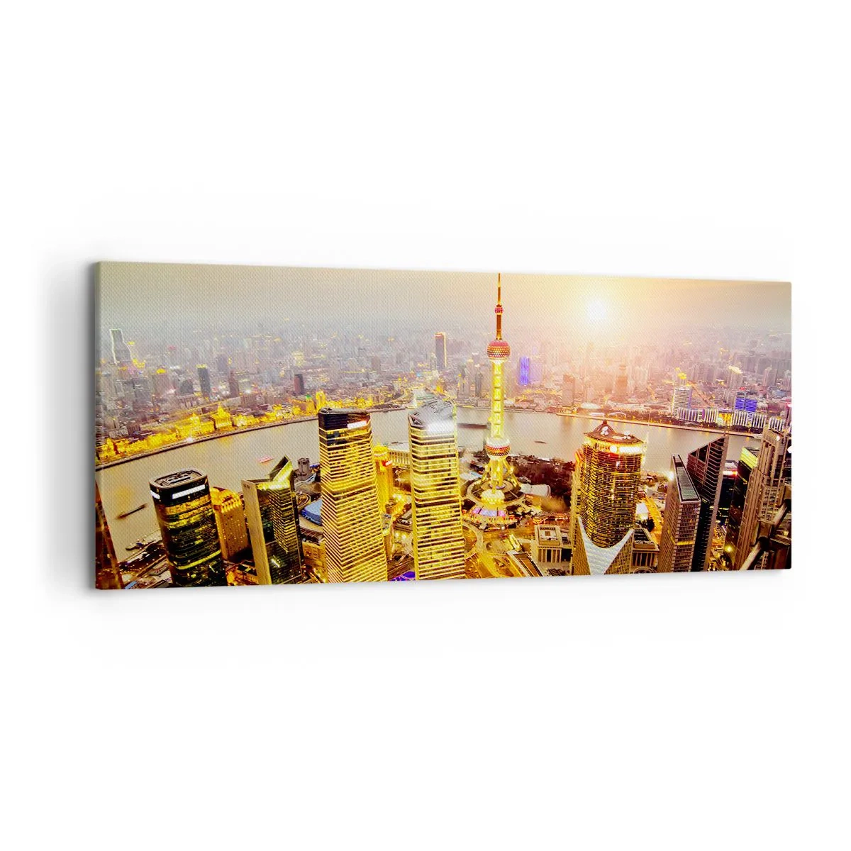 Cuadro sobre lienzo - Impresión de Imagen - Panorama de la ciudad con rascacielos al atardecer - 120x50cm - Sueño asiático - Decoración de pared moderna para salón y dormitorio ARTTOR
