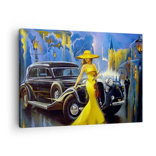 Cuadro sobre lienzo - Impresión de Imagen - Una mujer con un vestido amarillo con un violín junto a un coche retro. - 70x50cm - Noche de violín y pasión - Decoración de pared moderna para salón y dormitorio ARTTOR