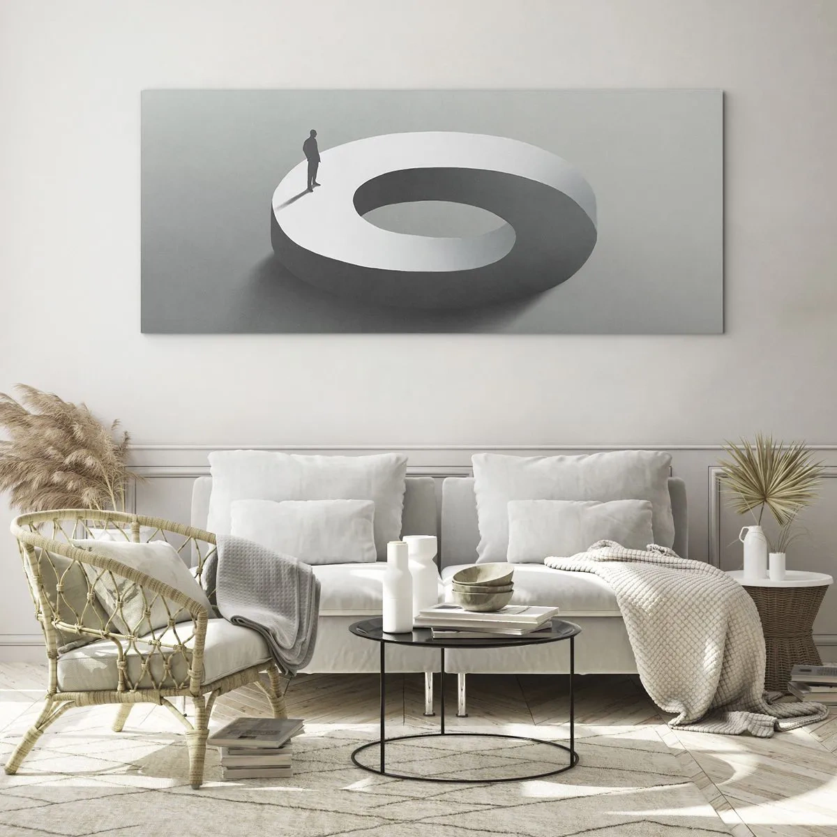 Cuadro sobre vidrio - Impresiones sobre Vidrio - Un hombre sobre una estructura gris y abstracta. - 120x50cm - Ser sabio no es una labor sencilla - Decoración de pared moderna para salón y dormitorio ARTTOR