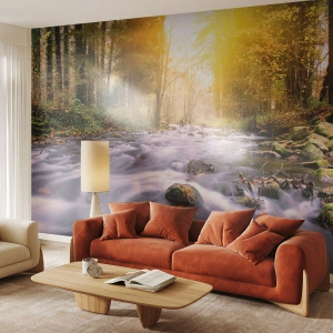Fotomural Premium Sand - Un arroyo de montaña en un bosque otoñal al atardecer. - 100x70cm - Malaquita en un marco de plata y oro - Decoración de pared moderna para salón y dormitorio ARTTOR