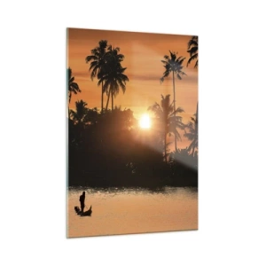 Cuadro sobre vidrio - Impresiones sobre Vidrio - Paisaje tropical con palmeras y puesta de sol sobre el río. - 50x70cm - Tiempo de descanso - Decoración de pared moderna para salón y dormitorio ARTTOR