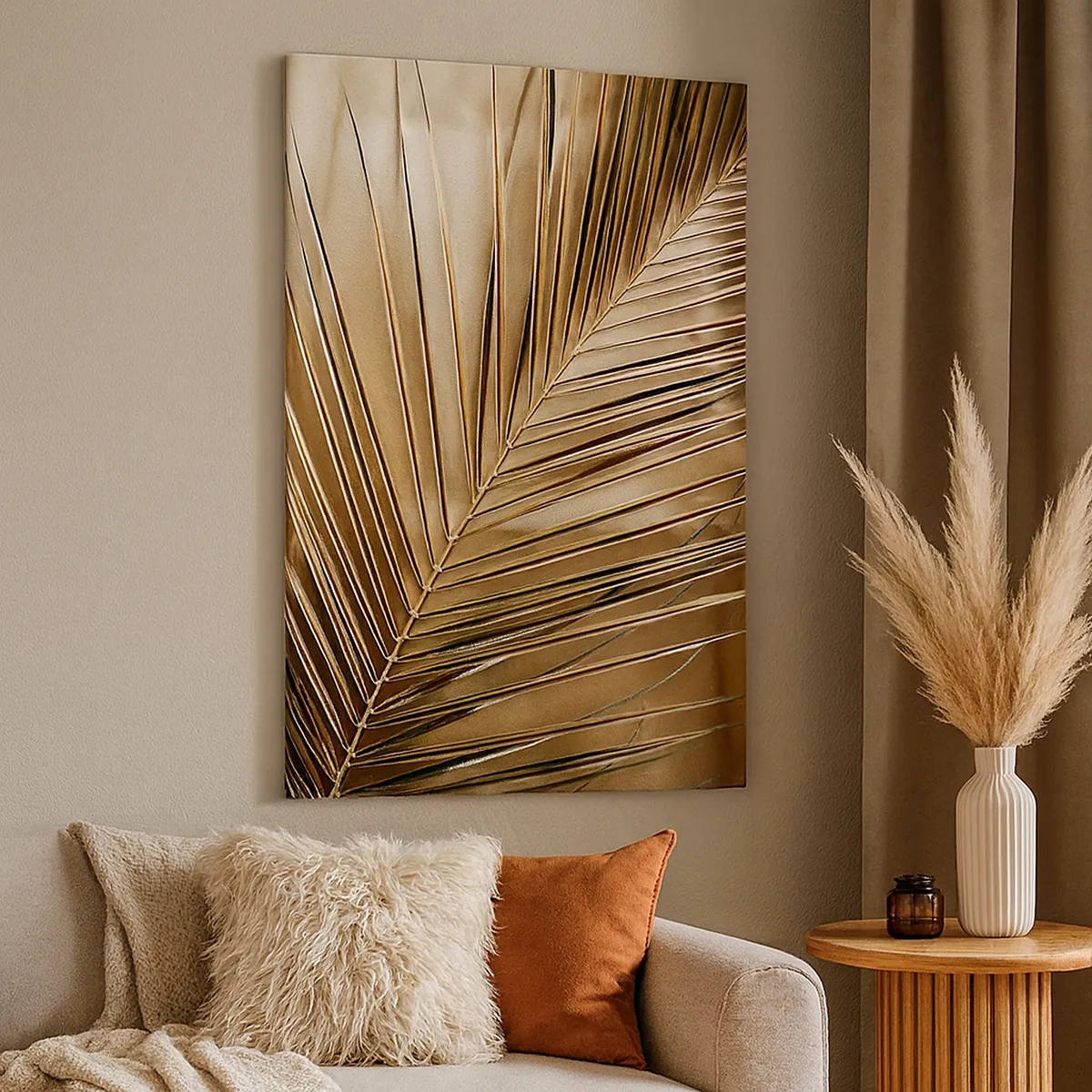 Cuadro sobre lienzo - Impresión de Imagen - Hoja de palma dorada sobre un fondo sólido - 50x70cm - Una columnata natural - Decoración de pared moderna para salón y dormitorio ARTTOR