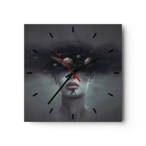 Reloj de pared - Reloj de vidrio - Un rostro de mujer con un motivo de planeta y espacio en el fondo. - 30x30cm - Y los planetas sienten... - Decoración de pared moderna para salón y dormitorio ARTTOR