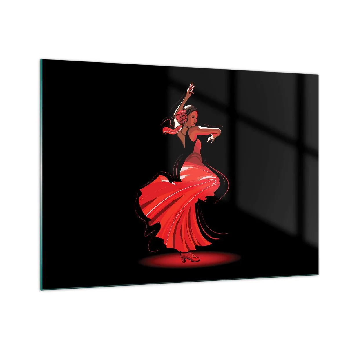 Cuadro sobre vidrio - Impresiones sobre Vidrio - Bailaora de flamenco con vestido rojo sobre fondo negro - 100x70cm - El espíritu ardiente del flamenco - Decoración de pared moderna para salón y dormitorio ARTTOR