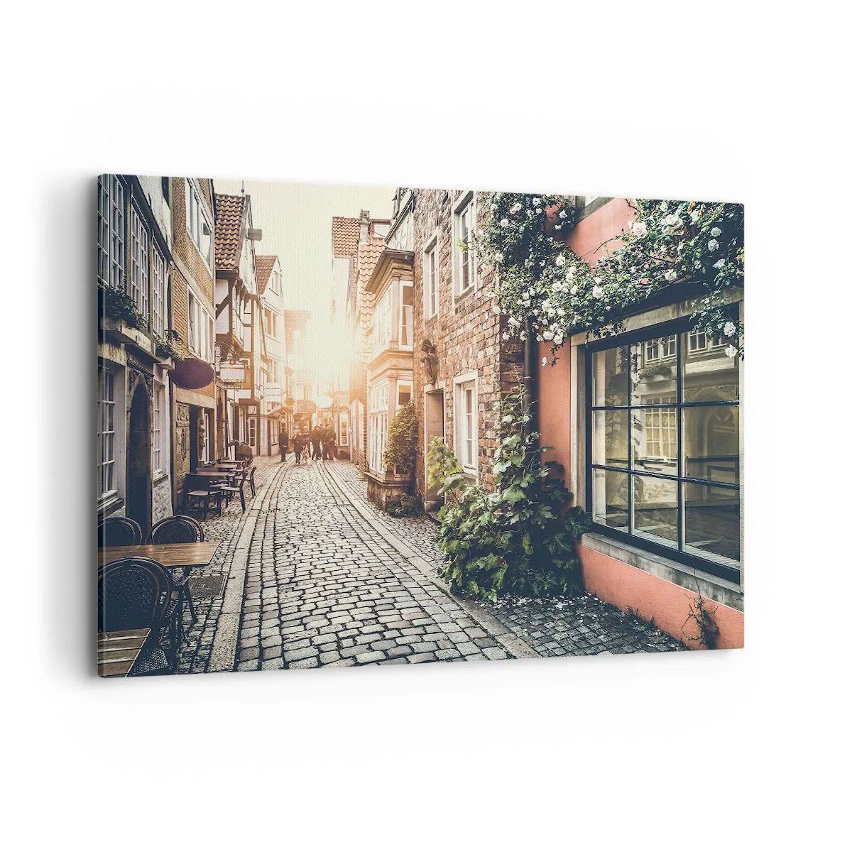 Cuadro sobre lienzo - Impresión de Imagen - Una encantadora calle con pavimento de piedra y flores. - 120x80cm - El callejón de las rosas - Decoración de pared moderna para salón y dormitorio ARTTOR